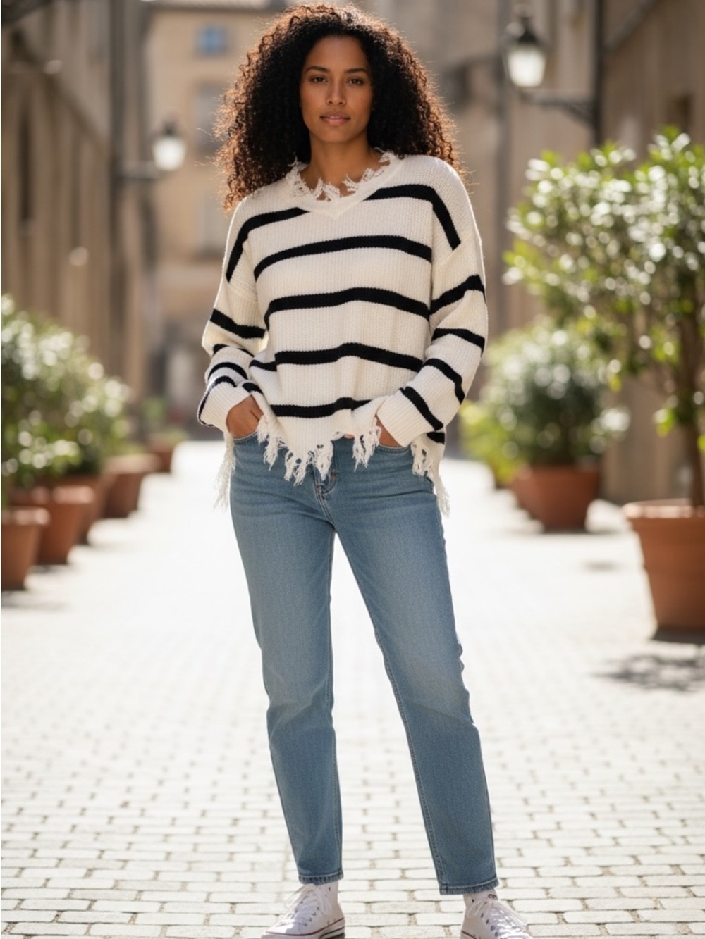 Distressed Striped V-Neck Sweater - Black & Cream